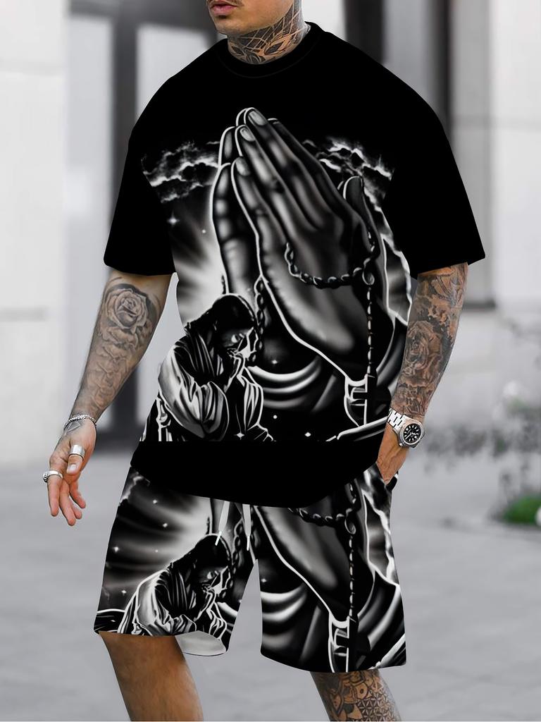 Summer Men Loose Streetwear Praying Hands Print Short Sleeve Set