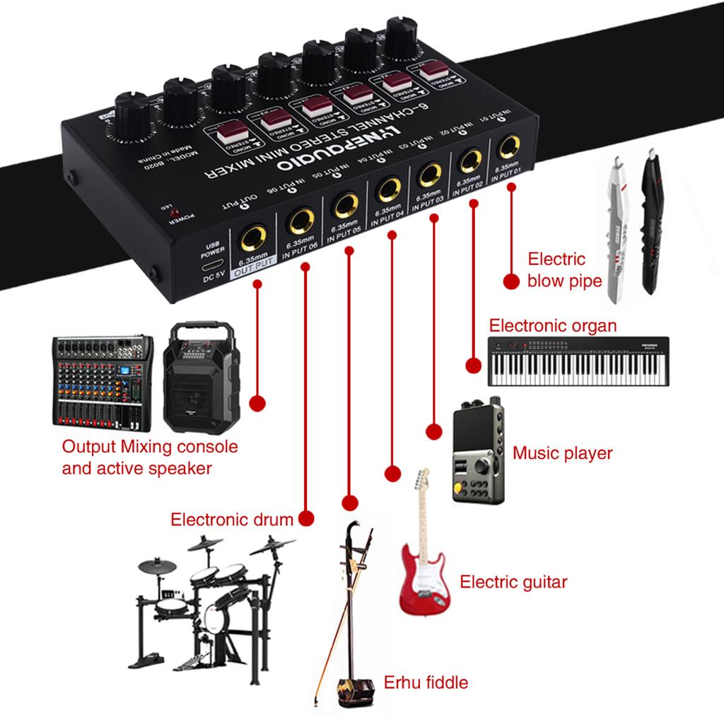 Mini 6-Channel Stereo Audio Mixer Musical Instrument Mixer Electric Wind/Electric Guitar/Electronic