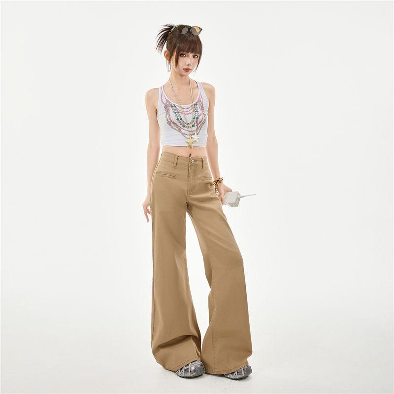 Spring Summer Coffee Soft Elastic Relax Slim Micro Flare Denim Pants For Ladies Casual Pants Oversize Denim Trousers