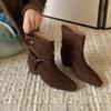 Vintage western cowboy style belt buckle short women's boots autumn and winter versatile square head thick heel knight boots