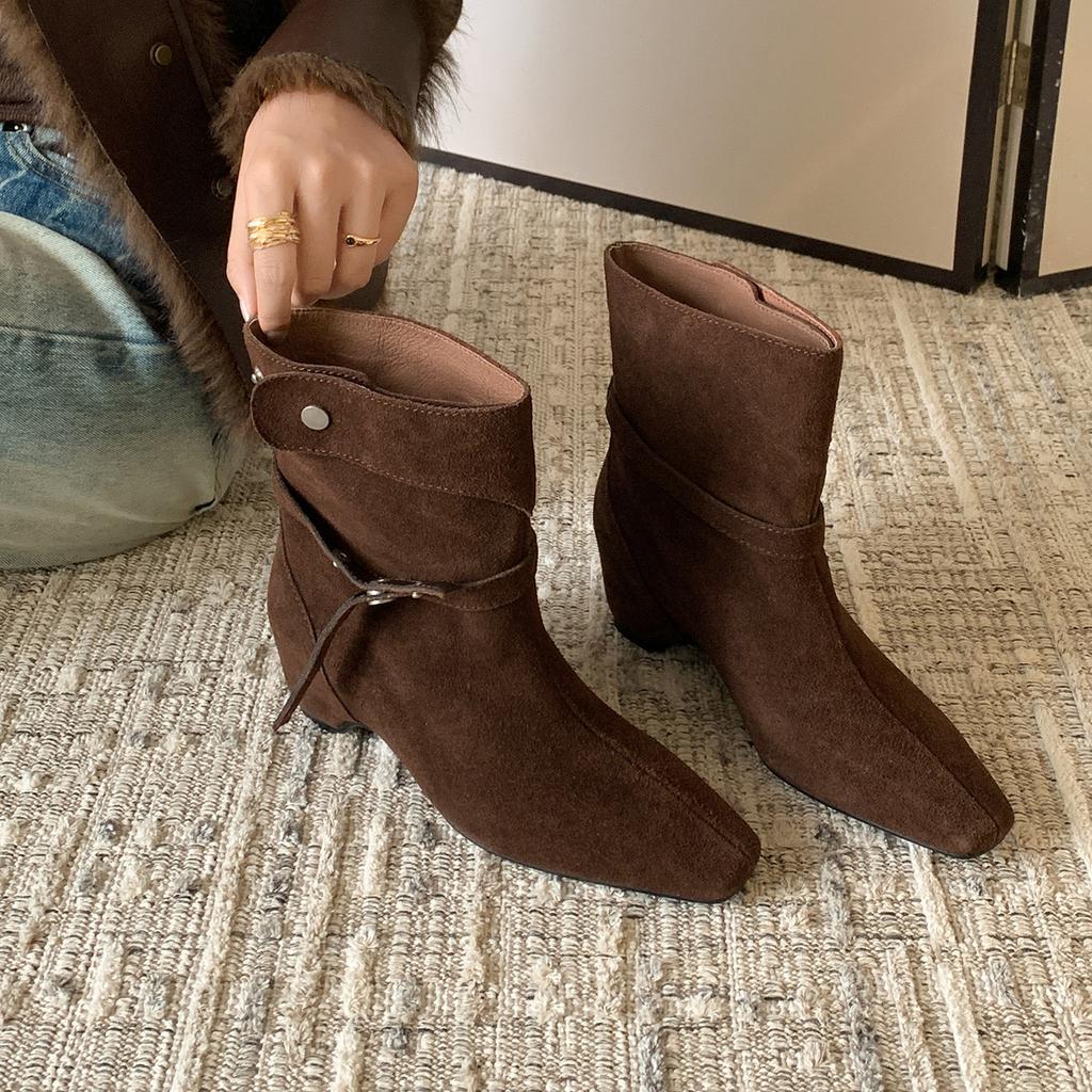Vintage western cowboy style belt buckle short women's boots autumn and winter versatile square head thick heel knight boots