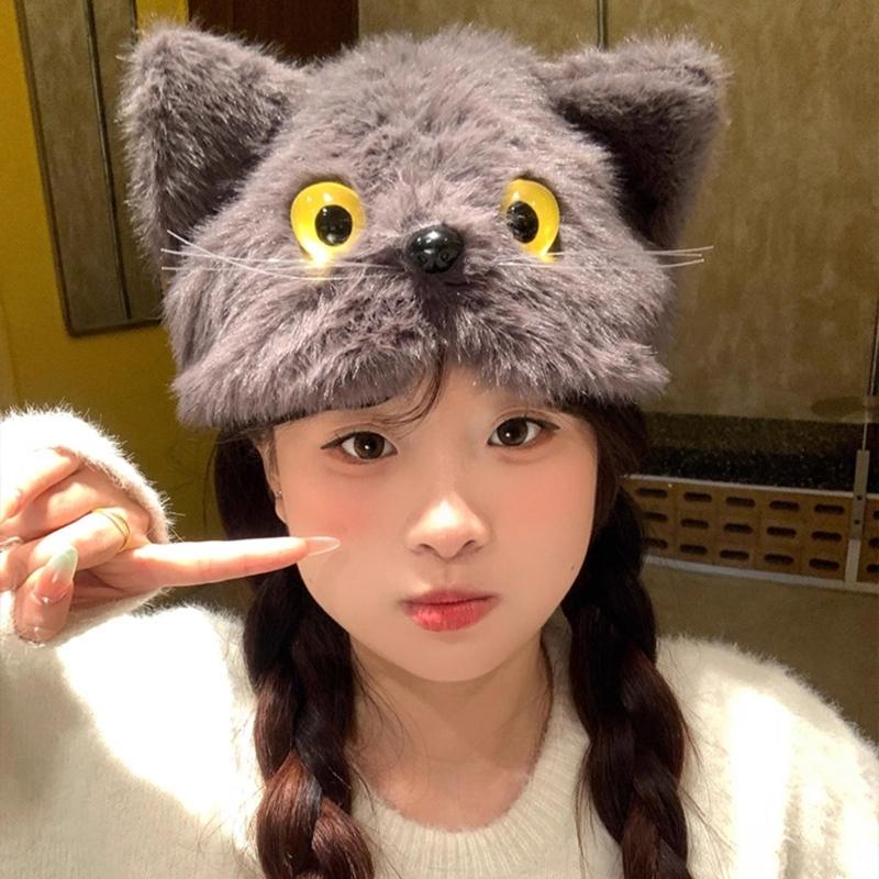 Adorable Furry Cats Ear Beanies With Tails Decors Soft Fleece Winter Hat For Women Girls Cold Weather Accessories