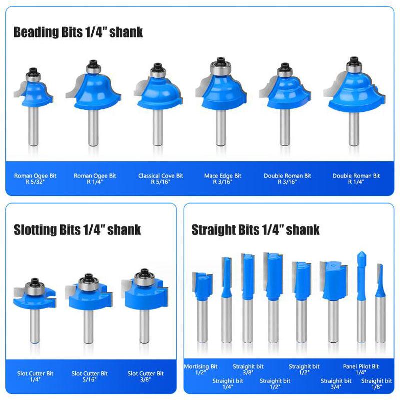 35PCS 1/4inch(6.35mm) Shank Tungsten Carbide Router Bit Set Wood Woodworking Cutter Trimming Knife Forming Milling