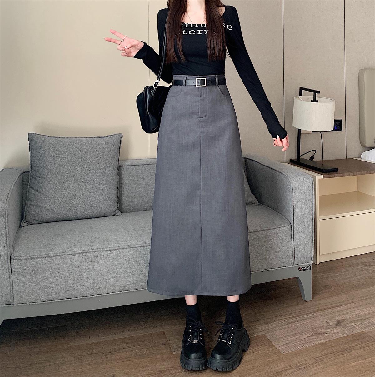 

2024 Gray High-Waisted Slimming A-Line Midi Skirt with Back Slit XS