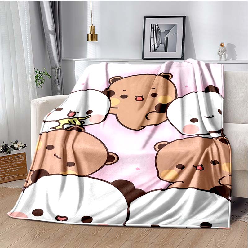 

Bear and Panda Big Head Print Flannel Blanket, Purple Background Throw Blanket 80cm x 120cm