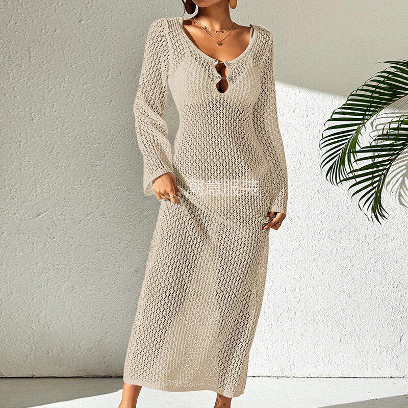 European-American Hollow Texture V-Neck Button Backless Long-Sleeve Beach Dress