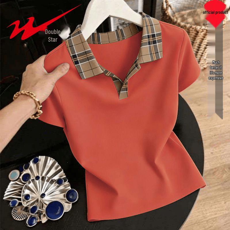 Shuangxing Women s Cotton Plaid Collar Polo T-Shirt 2XL