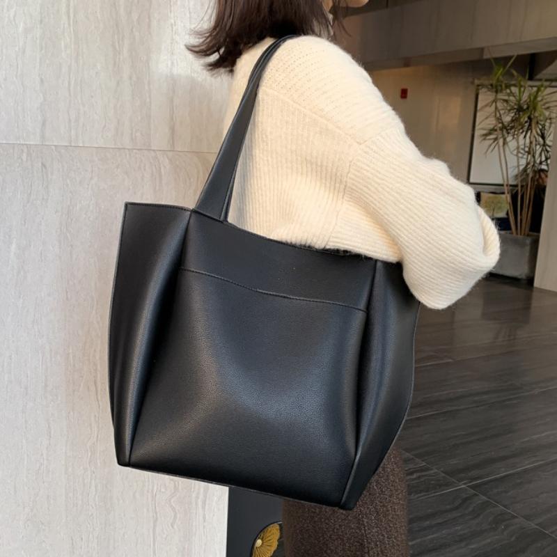 High Quality Soft Leather Woman Casual Tote Shopper Solid Color Handbags Large Capacity Single Shoulder Bag with Outer Pocket