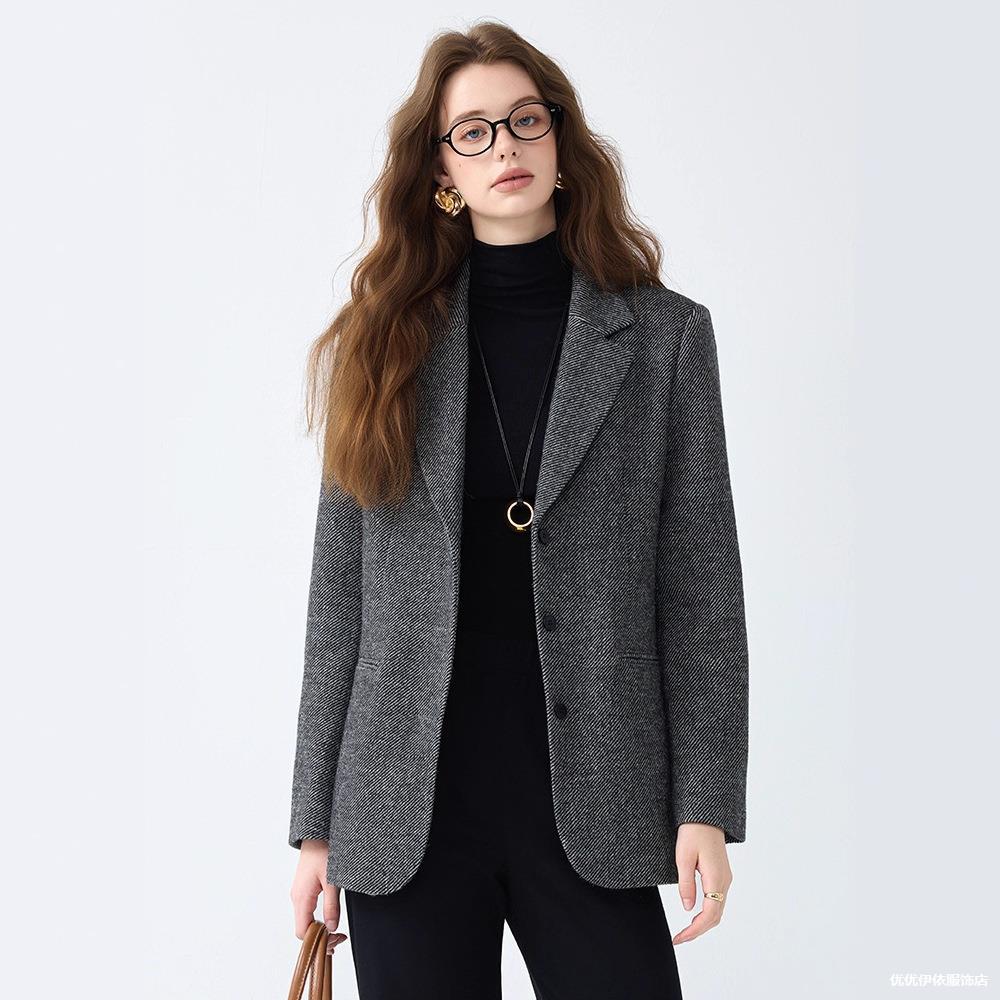 Women Brown Herringbone Tweed Blazer Notched Lapel Single‑Breasted Casual Loose Fall Winter Wool Blend Suit Jacket