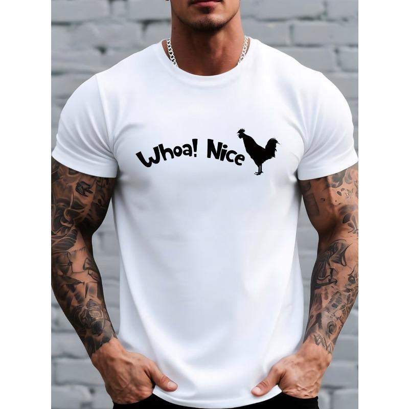 European Size Men's Funny Rooster T-Shirt - WHOA NICE Suitable for Summer Casual Wear with Rooster Silhouette &Humorous Animal,Breathable Short Sleeve