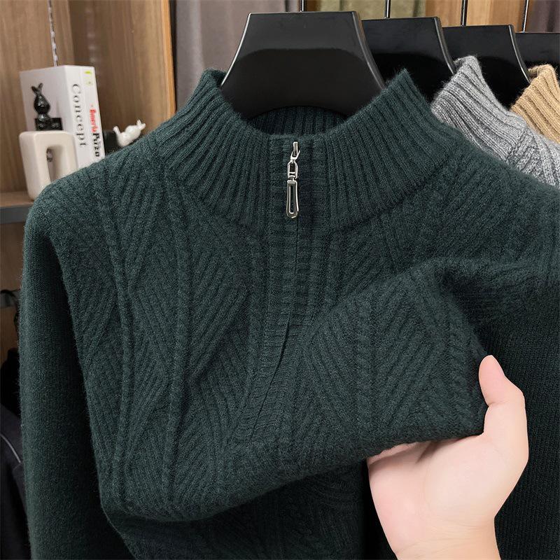 Men's High-Grade Thick Knit Half-Zip Stand Collar Pullover for Autumn/Winter