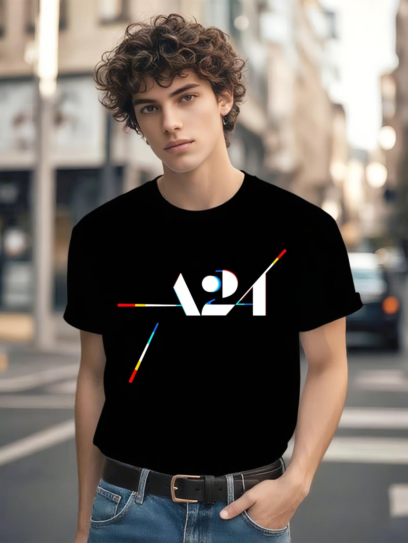 A24 Logo Tshirt - Minimalist Black Tee with Red Yellow Ac... L