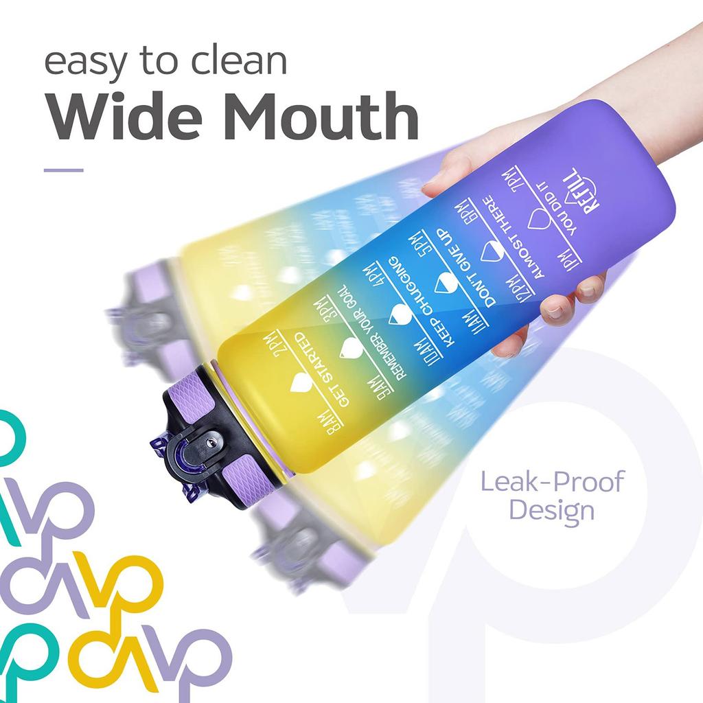 32oz Motivational Fitness Sports Water Bottle With Time & Straw, Large Wide Mouth Leakproof