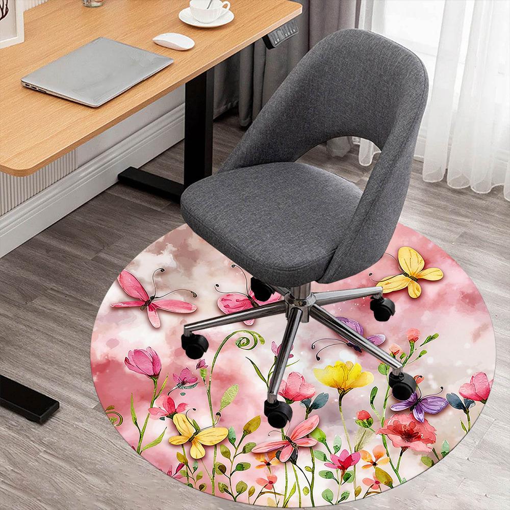 1pc Butterflies Flowers Round Chair Mat Office Area Rug - Non-Slip, Floor Mat for Office, Bedroom, and Indoor Decor P127232