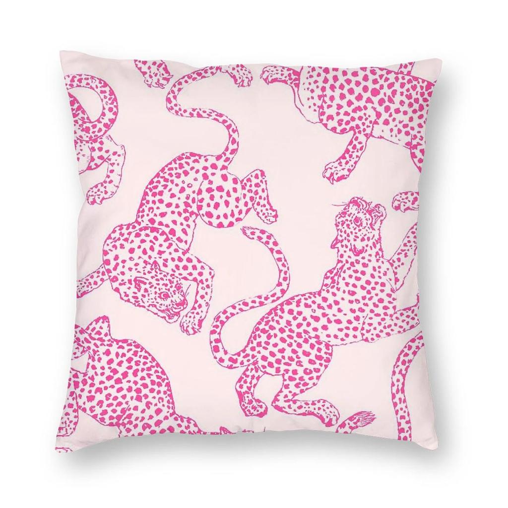 Preppy Pink Cheetah Square Pillowcase Polyester Linen Velvet Pattern Zip Decorative Home Cushion Cover