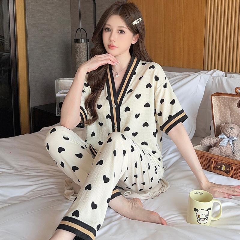 Short-sleeved New Love Cardigan Summer Pajamas Women's Bubble Wrinkled Short-sleeved Trousers Loungewear Set Sweet Temperament