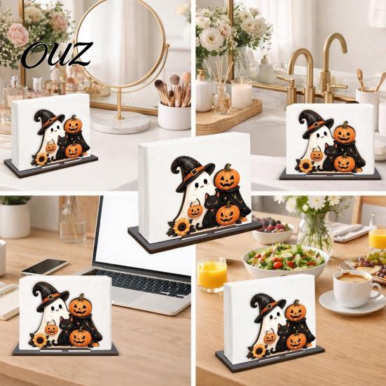 Wooden Napkin Dispenser Halloween Holder for Table, Ghost Pumpkin Black Cat Standing Stand Dispenser, Paper Towel Kitchen Dining Table Decorative
