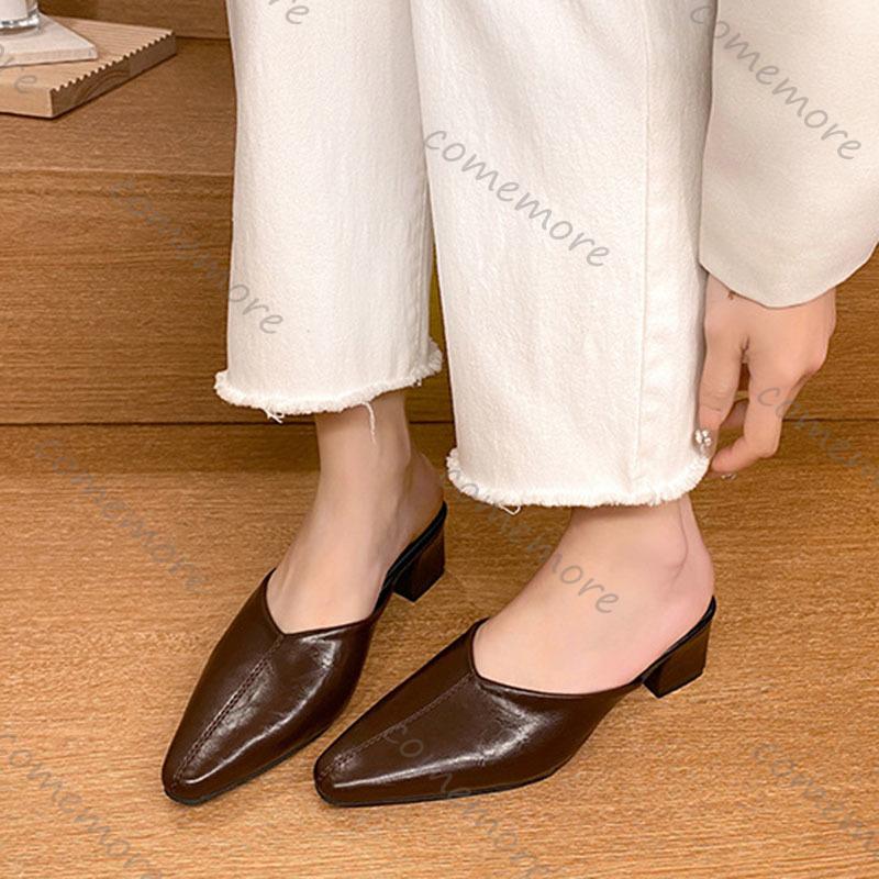 Comemore Summer Women's Elegant Thick Heeled Half Slippers Outdoor Wear Plus Size Mid-Heel Mules Slides Sandal Solid Shoes Women