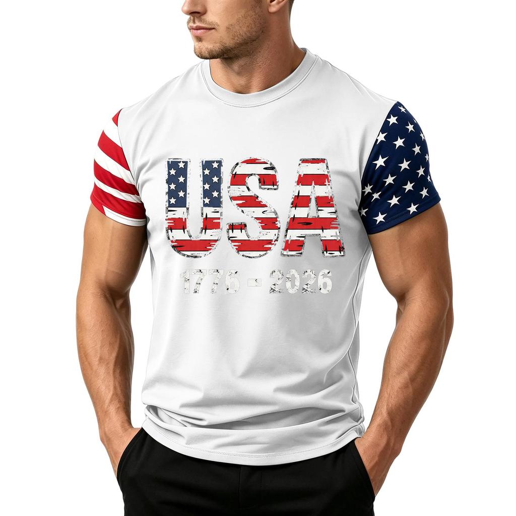 Men's Loose Fit Short Sleeve T Shirt USA Flag Print Casual Summer Daily Wear Crew Neck Top for Outdoor Activities