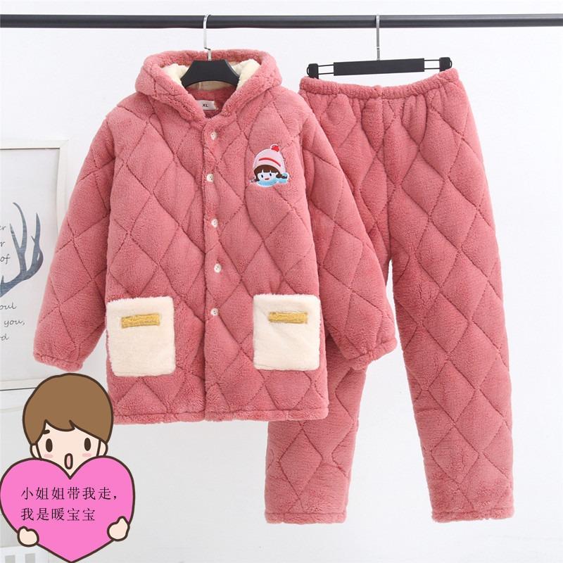 Coral fleece women's pajamas three-layer padded cotton thickened pregnancy postpartum breastfeeding set thermal loungewear