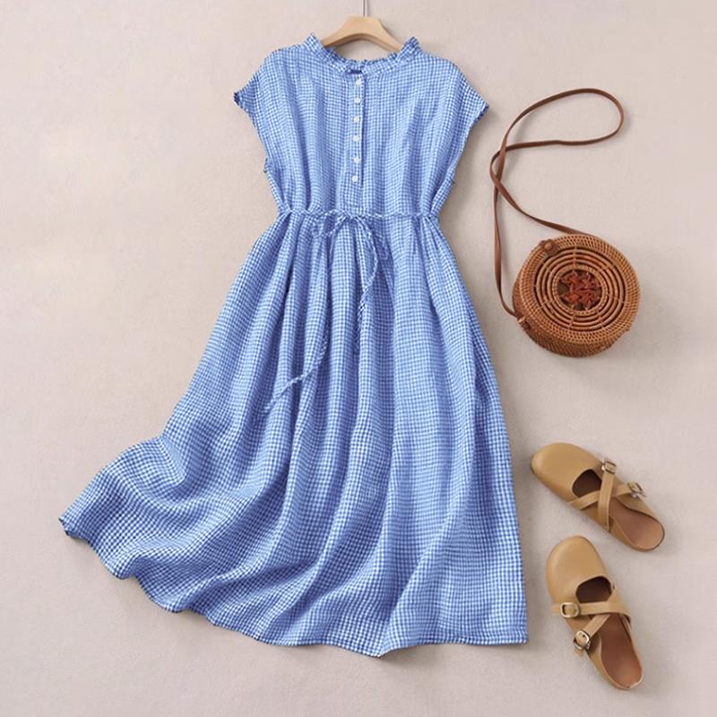 ZANZEA Women Casual Round Neck Summer Sleeveless Plaid Print Dress