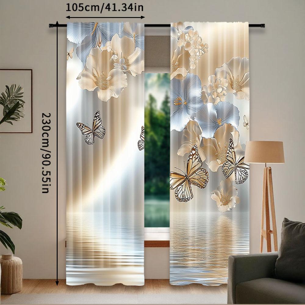 2Pcs Floral Curtain Nature Theme Wild Flowers Monarch Flying Butterflies Lily On Lake Therapy Spa Suitable For Living Room And