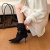 Retro Fashion Pointed Heel Piled Boots Suede Belt Buckle Thin Short Boots Autumn and Winter New Fashion Boots