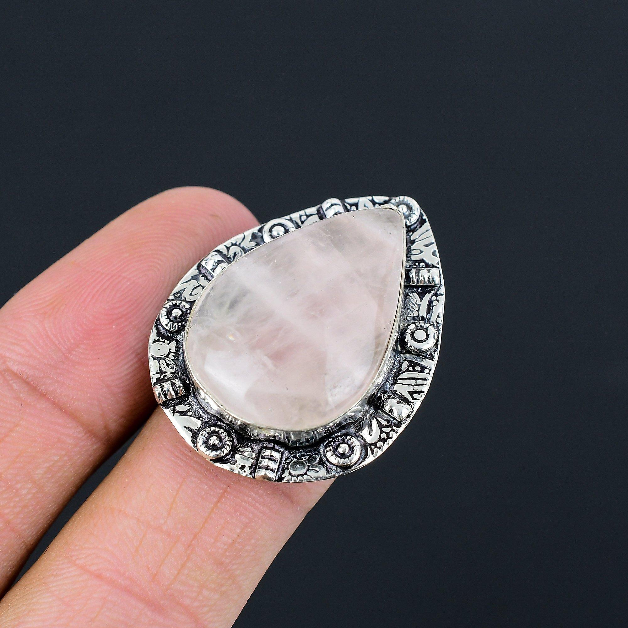 

925 Sterling Silver Pear Natural Rose Quartz Multi Stone Mother Ring Size 7.5 7.5