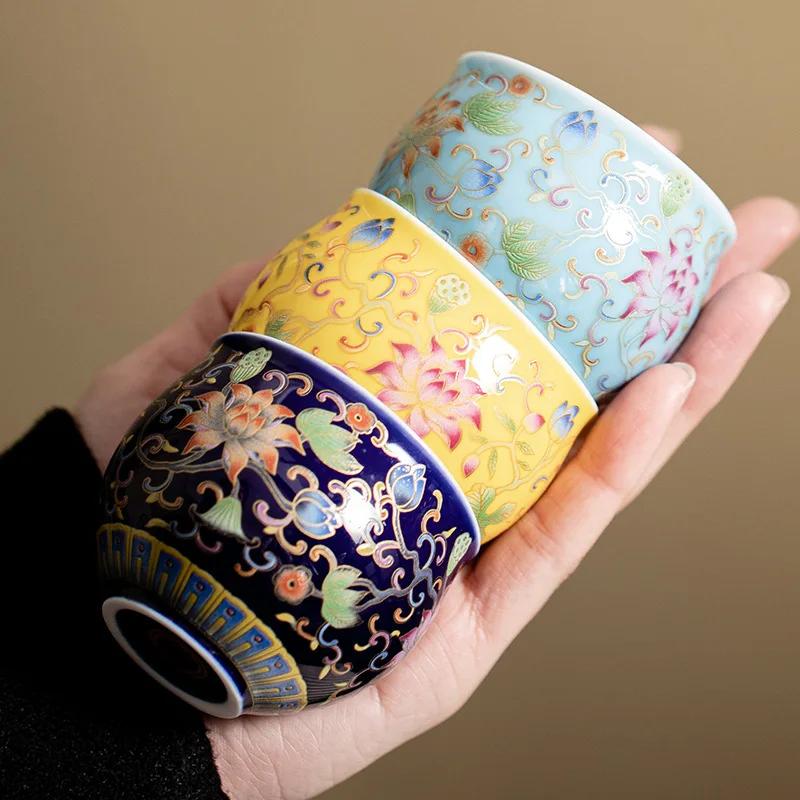 Japanese Ceramic Teacups Chinese Kungfu Tea Cup Retro Personal Teaware Enamel Lotus Cups Household Drinkware Supplied Gift Box