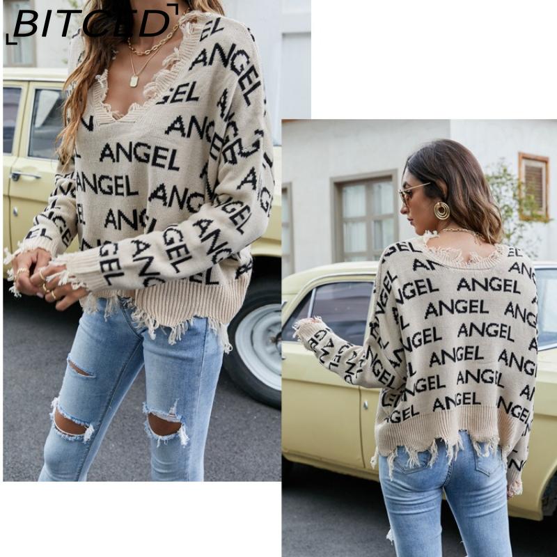 BITCED Women's Oversized Cropped V-Neck Sweater Women's Knit Sweater with Fringe for Fall/Winter