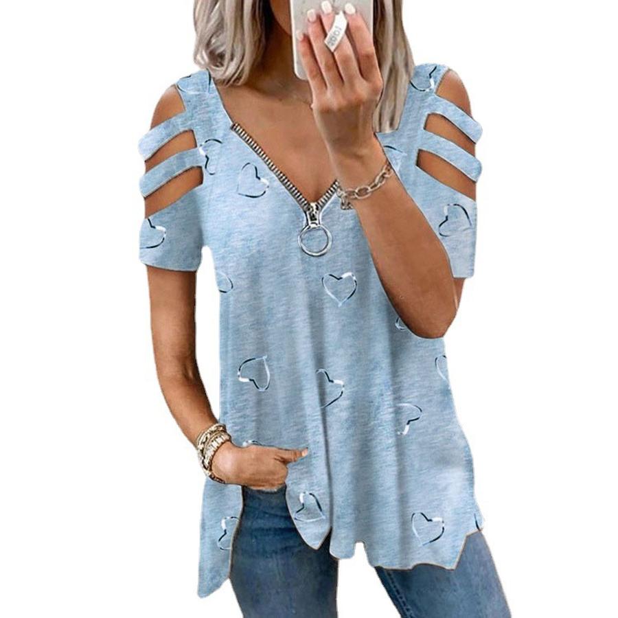 New Foreign Style Women's T-Shirt V-Neck Zipper Printed Loose Casual Top