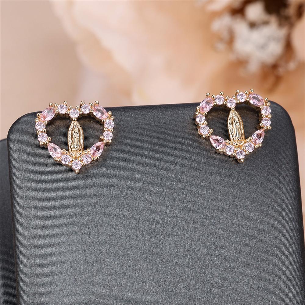 Cute Female Stone Pink Blue Zircon Love Heart Stud Earrings Gold Color Wedding Jewelry For Women