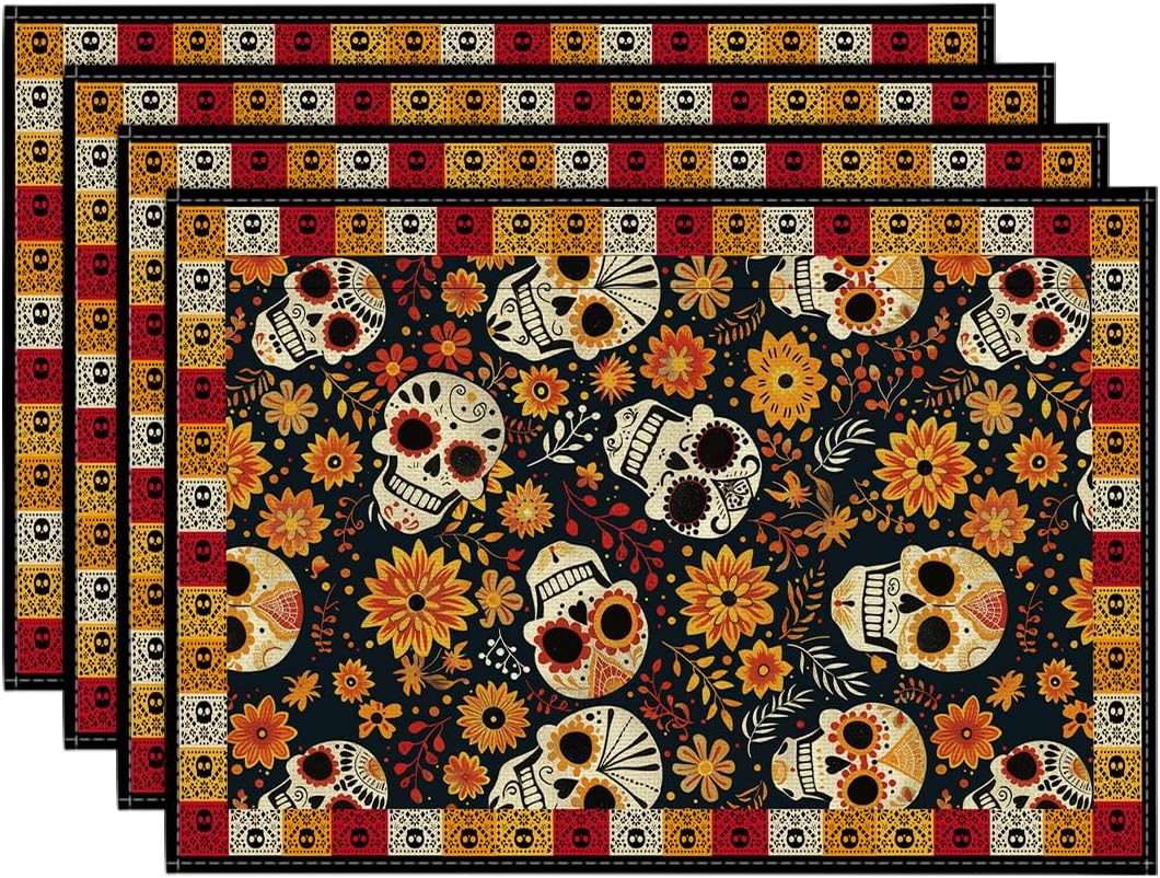 

Sugar Skull Mexican Floral Day of The Dead Placemats Set of 4, 12x18 Inch Dia De Los Muertos Table Mats for Party Kitchen Dining Decoration 4pcs-12x18