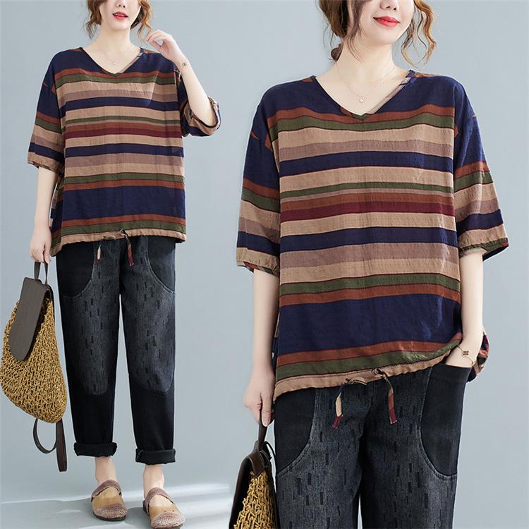 Summer Printed Short-sleeved T-shirt V-neck Cotton and Linen Loose Large-size Women's Top T-shirt Cotton and Linen Shirt