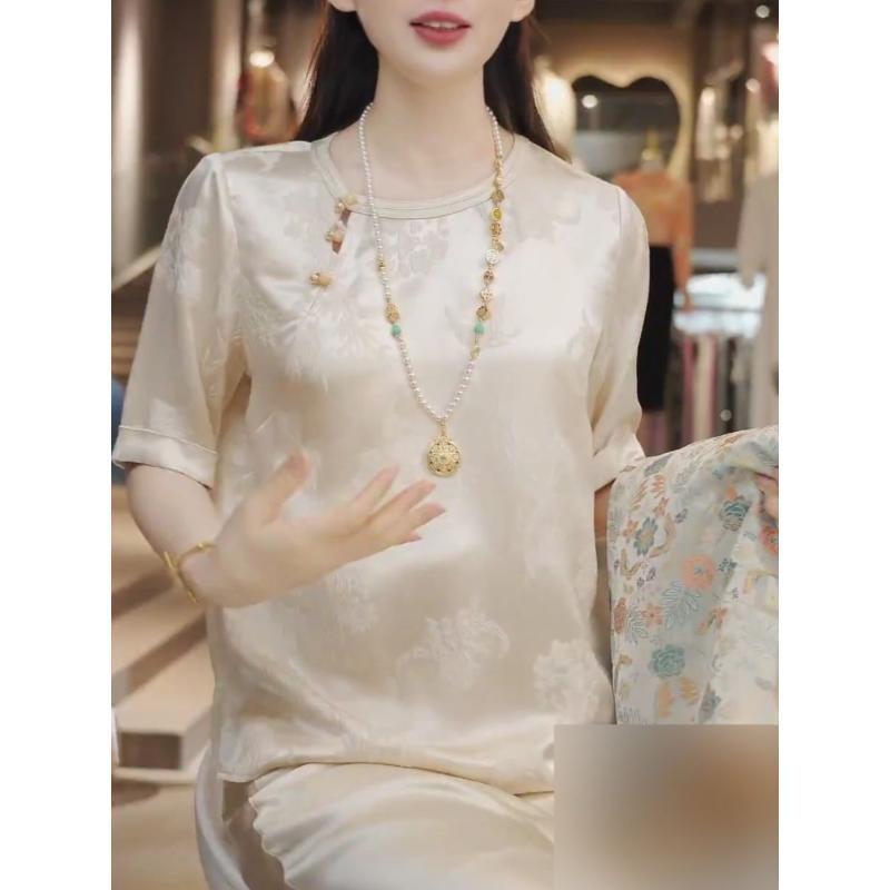 Retro flower-themed pullover round neck short-sleeved T-shirt women's summer versatile tide