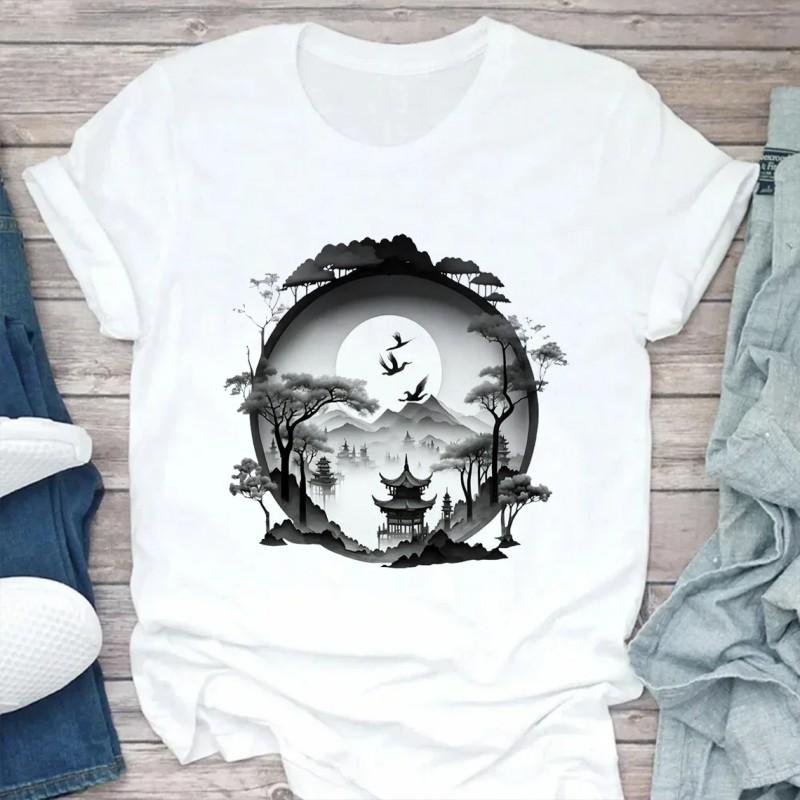 Ink Wash Style Natural Scenery Short Sleeve Summer Street Sun Rise and Sunset Painting Printed Tshirt Clothing Tops