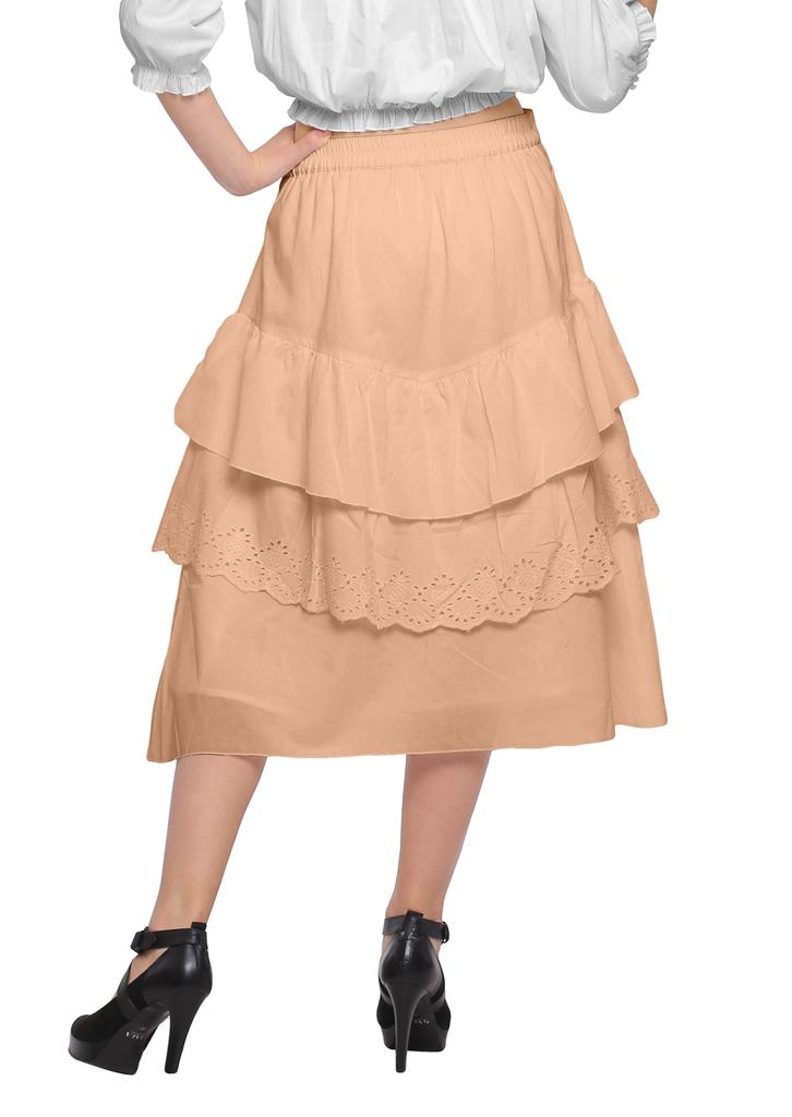 Moomaya Solid Cotton Skirts For Women Knee Length With Lace Belt Ruffle