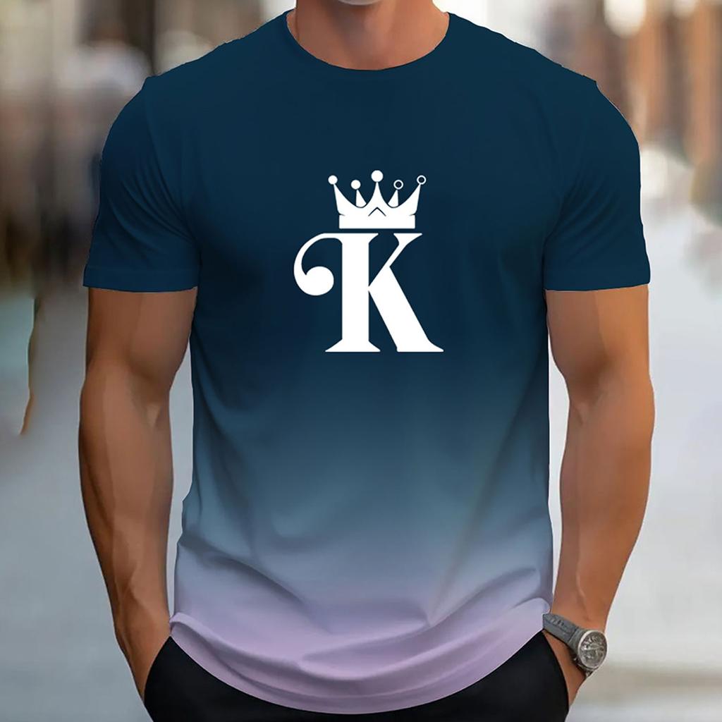 Summer Outdoor Men's Gradient Color Letter K Pattern Printed T-shirt Casual Short Sleeved Round Neck T-shirt