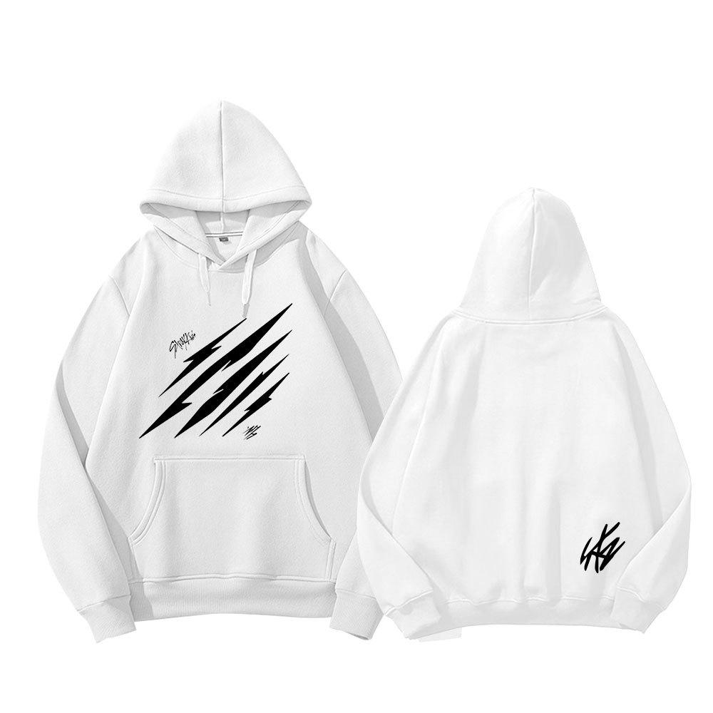 Stray Kids Hoodie Fleece Lined White Pullover Sweatshirt, Claw Graphic Print Kpop Merch, Unisex Casual Long Sleeve Winter Streetwear Top for Fans