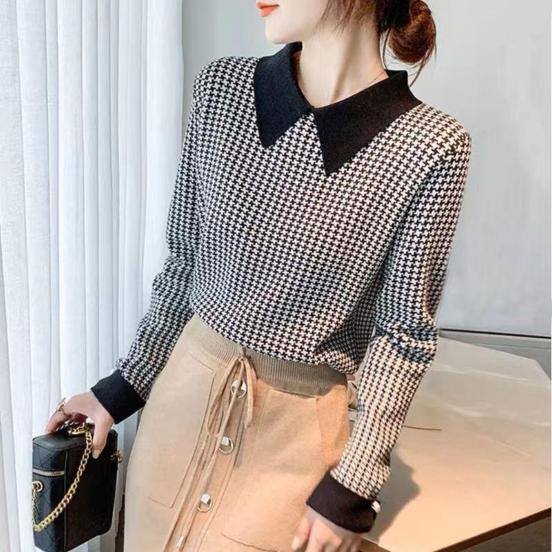 

Винтажная милая клетчатая трикотажная рубашка с воротником Питера Пэна Весна Осень Длинный рукав Модная лоскутная женская одежда Корейская блузка XXL чёрный