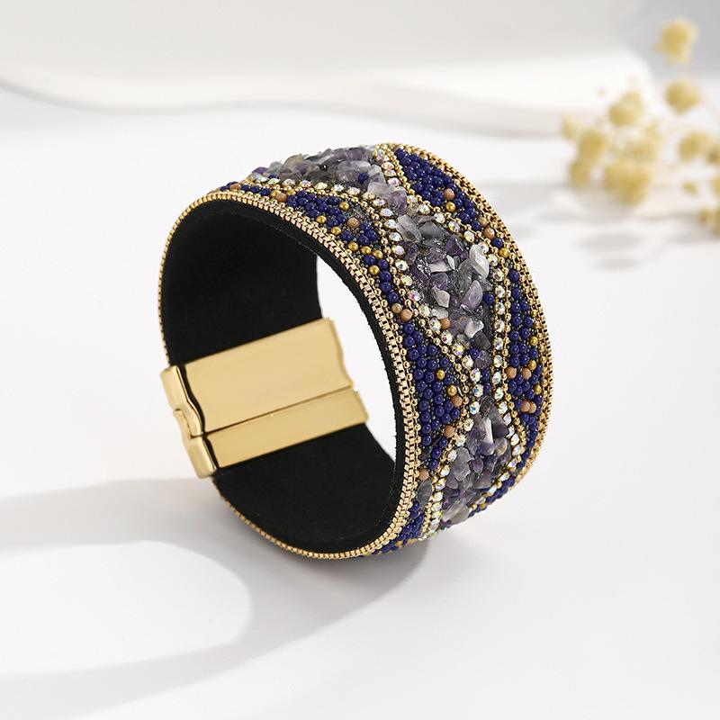 

Handmade Bohemian Magnetic Buckle Bracelet Natural Gravel and Diamond Wide Leather Cuff Fashionable Accessory