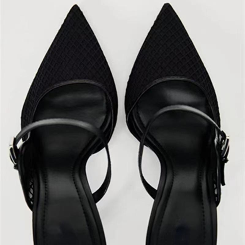 Mules à talons hauts pour femmes, chaussures sexy à bout pointu, talons aiguilles d'été, noires, creuses, maille respirante, sandales vintage pour femmes