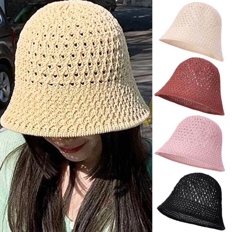 2026 New Thin Knitted Hollow Bucket Hat Female Casual Breathable Summer Sun Protection Fisherman Cap Spring Sunshade Buckets