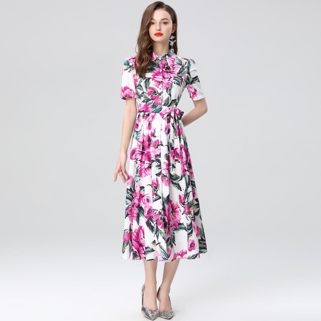 Casual Shirt Dress Women's Lapel Rose Printed Single Breasted Lace Up Belt Short Sleeve Midi Long Summer Dress