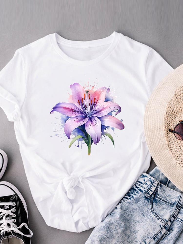 (Asian Size) sweet flower trend cute Women's Clothing Print Short Sleeve T-shirts Fashion Female Casual Top T O-neck Graphic Tee