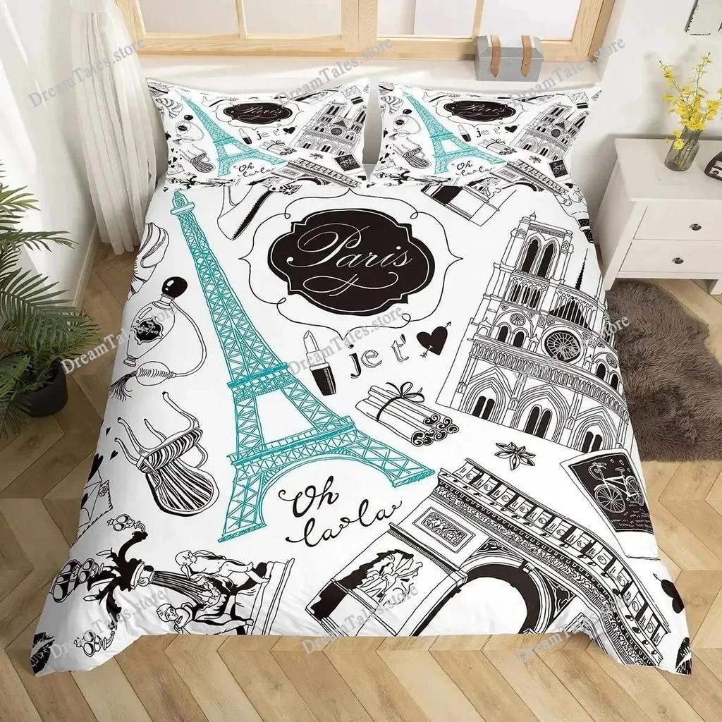 Vintage Eiffel Tower Duvet Cover Set Modern 3D Paris Theme Bedding Sets World Famous City Landscape Comforter Cover Quilt Cover7