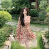 New Collar Floral Sweet Pleated Waist Lantern Sleeves Waist Top Skirt Seaside Vacation Suit Women