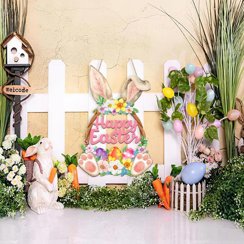 Wooden Easter Decoration Door Wreath for Front Door Sign Wall Signs Rabbit Spring Decoration, Hollow Bunny Sign Flower Egg Welcome Hanging for Home