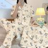 Spring And Summer Senior Pajamas Women'S Cardigan Cute Cartoon Short-Sleeved Three-Piece Loungewear Set Can Be Worn Outside