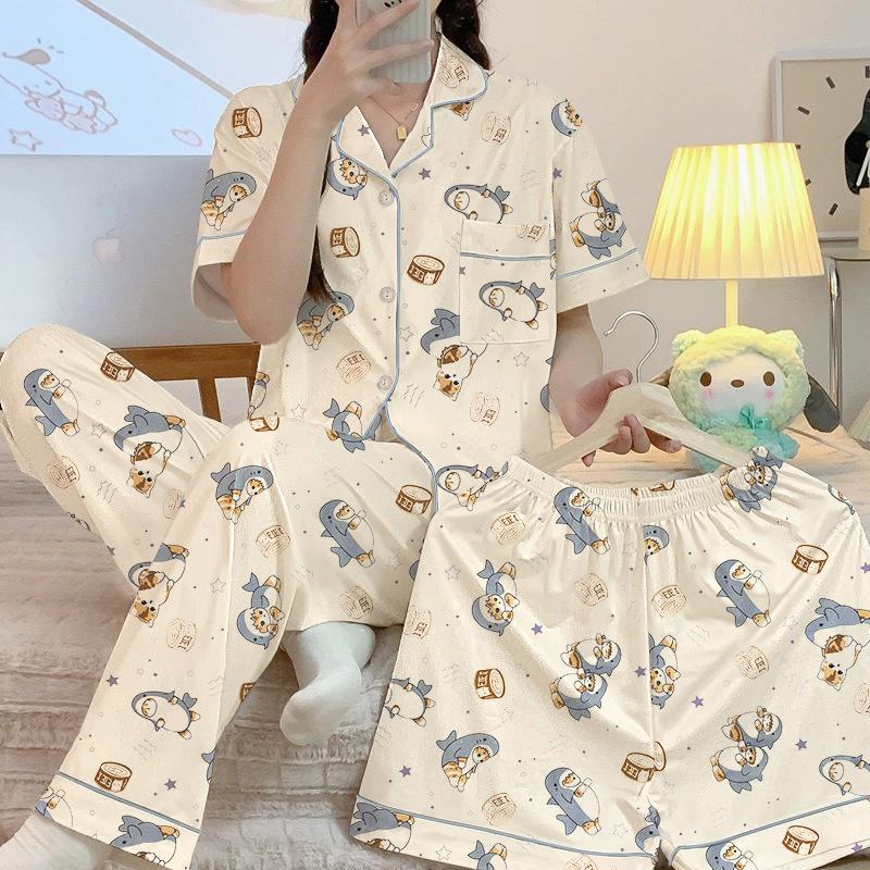 Spring And Summer Senior Pajamas Women'S Cardigan Cute Cartoon Short-Sleeved Three-Piece Loungewear Set Can Be Worn Outside
